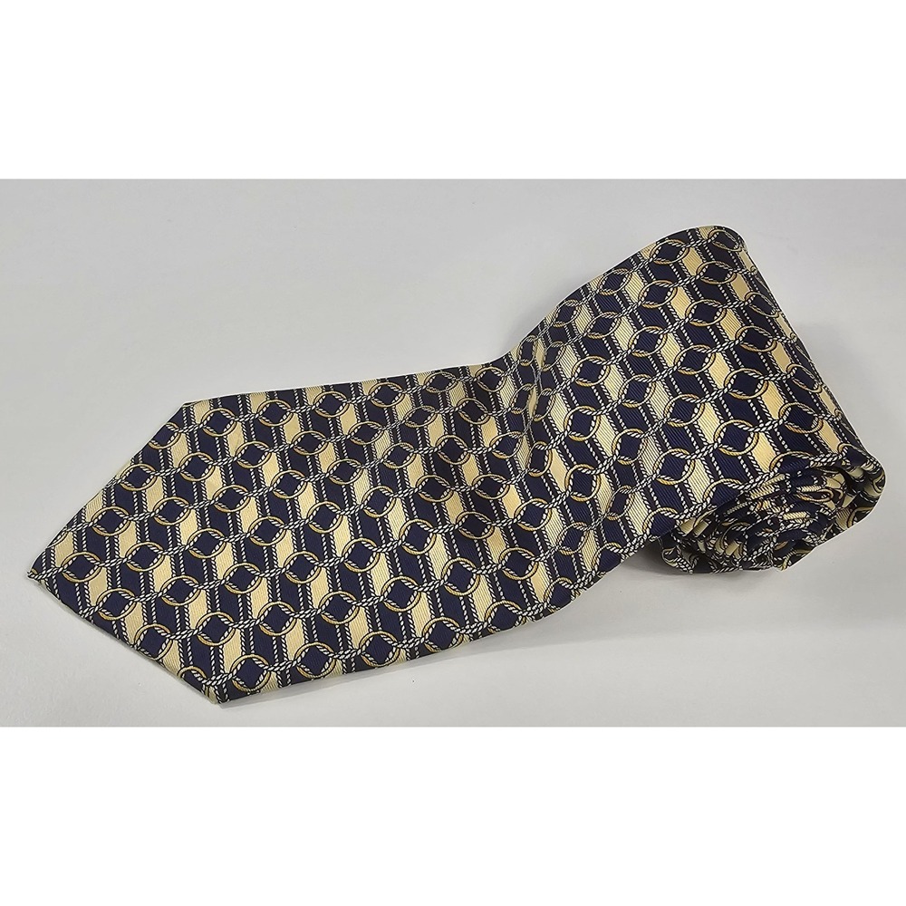 PAOLO GUCCI 100% Silk‎ Tie Made in Italy-Yellow Gold Navy Blue Chain Designer